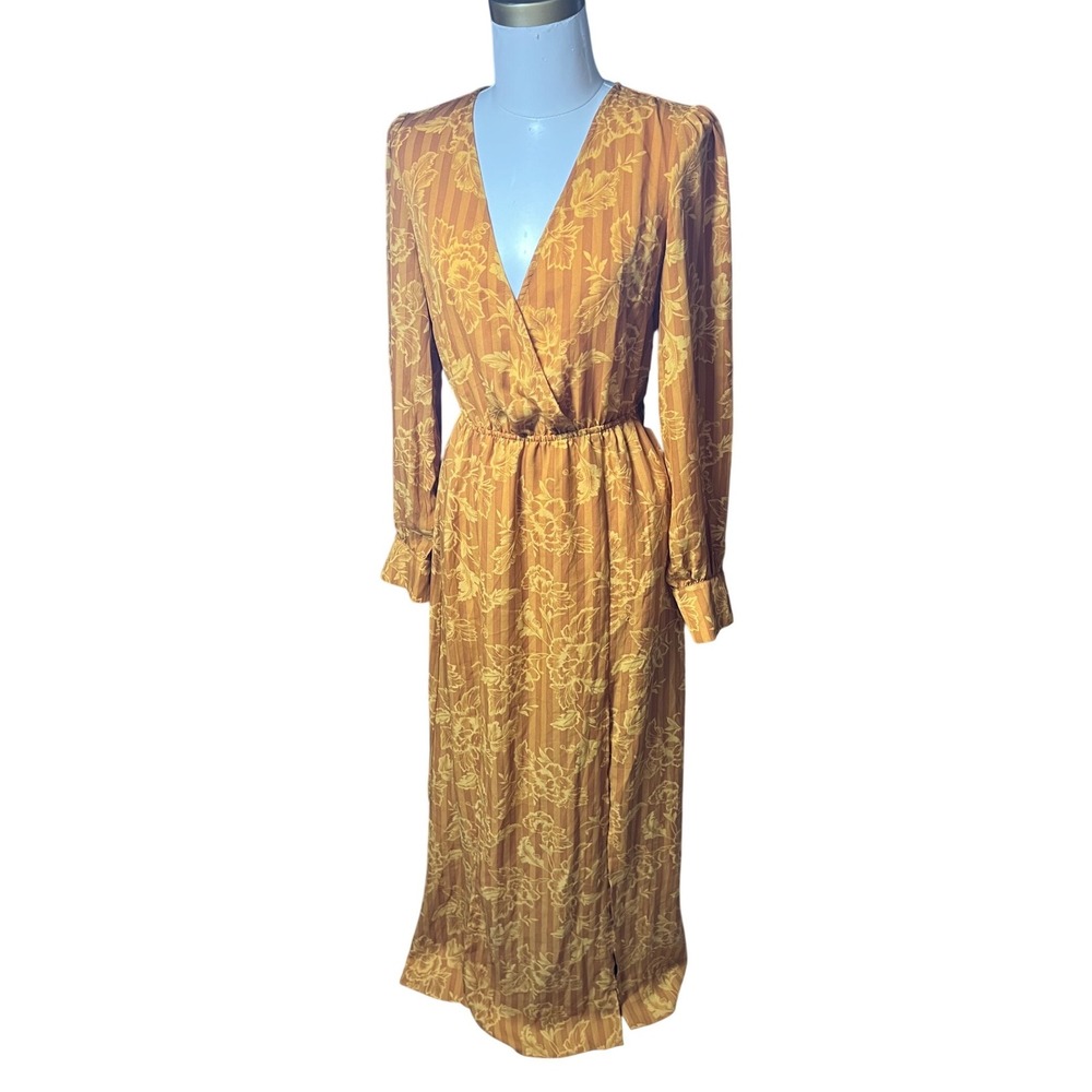 Forever 21 Contemporary Mustard Yellow Floral Stripe Maxi Dress V-Neck Long‎